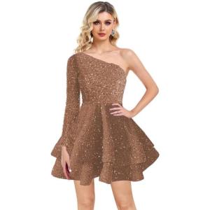 imageOne Shoulder Sequin Homecoming Dresses Long Sleeve Layered Prom Dresses Short Sparkly Cocktial Party GownsLight Brown