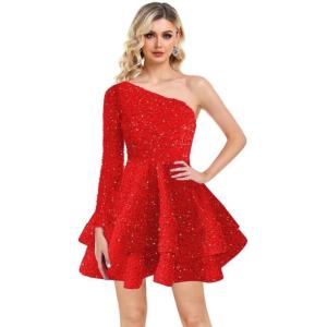 imageOne Shoulder Sequin Homecoming Dresses Long Sleeve Layered Prom Dresses Short Sparkly Cocktial Party GownsRed
