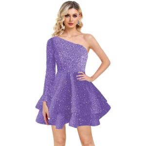 imageOne Shoulder Sequin Homecoming Dresses Long Sleeve Layered Prom Dresses Short Sparkly Cocktial Party GownsViolet