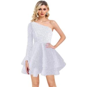 imageOne Shoulder Sequin Homecoming Dresses Long Sleeve Layered Prom Dresses Short Sparkly Cocktial Party GownsWhite