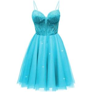 imageTulle Homecoming Dresses for Teens 2025 Prom Dresses Short Spaghetti Strap V Neck Beaded Formal Party GownsAqua