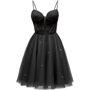 imageTulle Homecoming Dresses for Teens 2025 Prom Dresses Short Spaghetti Strap V Neck Beaded Formal Party GownsBlack