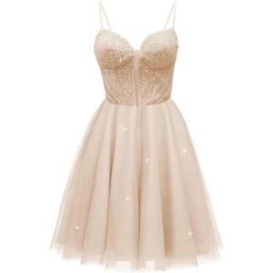 imageTulle Homecoming Dresses for Teens 2025 Prom Dresses Short Spaghetti Strap V Neck Beaded Formal Party GownsChampagne