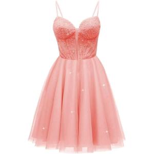 imageTulle Homecoming Dresses for Teens 2025 Prom Dresses Short Spaghetti Strap V Neck Beaded Formal Party GownsCoral