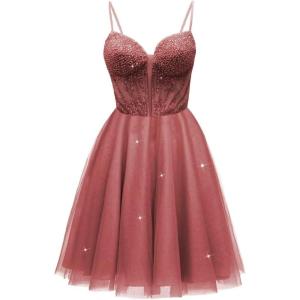 imageTulle Homecoming Dresses for Teens 2025 Prom Dresses Short Spaghetti Strap V Neck Beaded Formal Party GownsDesert Rose