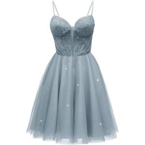 imageTulle Homecoming Dresses for Teens 2025 Prom Dresses Short Spaghetti Strap V Neck Beaded Formal Party GownsDusty Blue