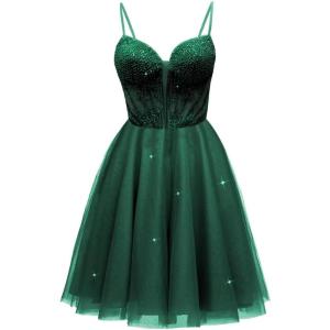imageTulle Homecoming Dresses for Teens 2025 Prom Dresses Short Spaghetti Strap V Neck Beaded Formal Party GownsEmerald Green