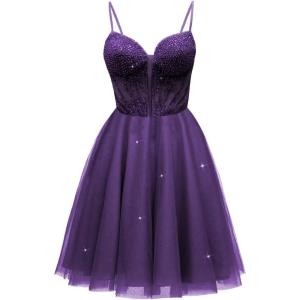 imageTulle Homecoming Dresses for Teens 2025 Prom Dresses Short Spaghetti Strap V Neck Beaded Formal Party GownsGrape