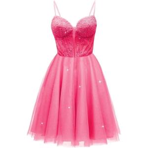 imageTulle Homecoming Dresses for Teens 2025 Prom Dresses Short Spaghetti Strap V Neck Beaded Formal Party GownsHot Pink