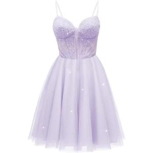 imageTulle Homecoming Dresses for Teens 2025 Prom Dresses Short Spaghetti Strap V Neck Beaded Formal Party GownsLavender