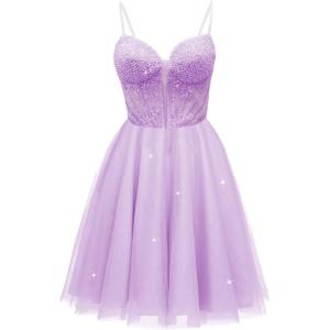 imageTulle Homecoming Dresses for Teens 2025 Prom Dresses Short Spaghetti Strap V Neck Beaded Formal Party GownsLilac