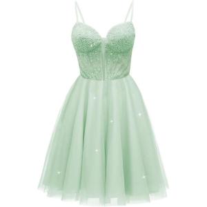 imageTulle Homecoming Dresses for Teens 2025 Prom Dresses Short Spaghetti Strap V Neck Beaded Formal Party GownsMint Green