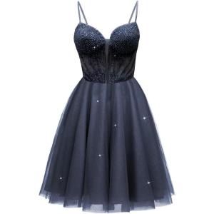 imageTulle Homecoming Dresses for Teens 2025 Prom Dresses Short Spaghetti Strap V Neck Beaded Formal Party GownsNavy Blue
