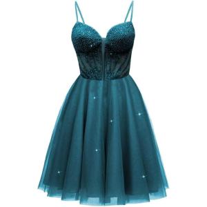 imageTulle Homecoming Dresses for Teens 2025 Prom Dresses Short Spaghetti Strap V Neck Beaded Formal Party GownsPeacock