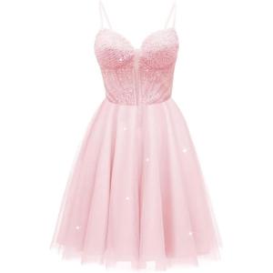imageTulle Homecoming Dresses for Teens 2025 Prom Dresses Short Spaghetti Strap V Neck Beaded Formal Party GownsPink