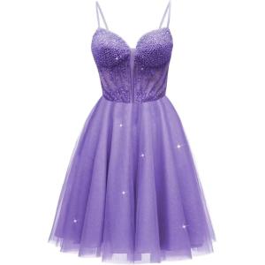 imageTulle Homecoming Dresses for Teens 2025 Prom Dresses Short Spaghetti Strap V Neck Beaded Formal Party GownsPurple