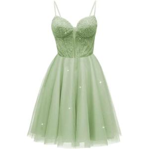 imageTulle Homecoming Dresses for Teens 2025 Prom Dresses Short Spaghetti Strap V Neck Beaded Formal Party GownsSage