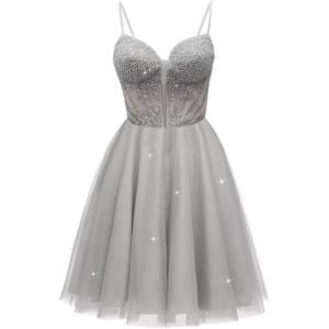 imageTulle Homecoming Dresses for Teens 2025 Prom Dresses Short Spaghetti Strap V Neck Beaded Formal Party GownsSilver