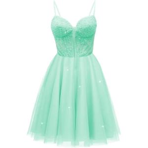 imageTulle Homecoming Dresses for Teens 2025 Prom Dresses Short Spaghetti Strap V Neck Beaded Formal Party GownsTurquoise