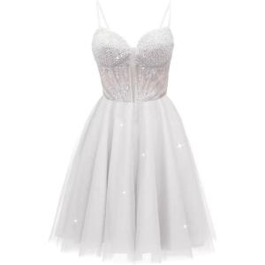 imageTulle Homecoming Dresses for Teens 2025 Prom Dresses Short Spaghetti Strap V Neck Beaded Formal Party GownsWhite