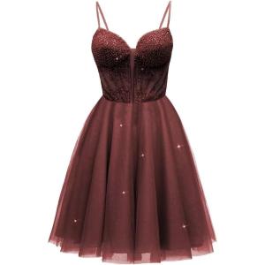 imageTulle Homecoming Dresses for Teens 2025 Prom Dresses Short Spaghetti Strap V Neck Beaded Formal Party GownsWine Red