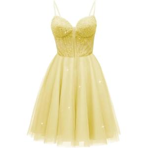 imageTulle Homecoming Dresses for Teens 2025 Prom Dresses Short Spaghetti Strap V Neck Beaded Formal Party GownsYellow
