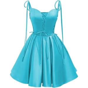 imageVintage Gothic Dresses Satin Homecoming Dress Short Prom Dress for Teens Spaghetti Straps Cocktail GownsAqua