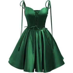 imageVintage Gothic Dresses Satin Homecoming Dress Short Prom Dress for Teens Spaghetti Straps Cocktail GownsDark Green