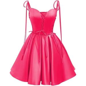 imageVintage Gothic Dresses Satin Homecoming Dress Short Prom Dress for Teens Spaghetti Straps Cocktail GownsHot Pink
