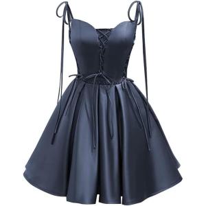 imageVintage Gothic Dresses Satin Homecoming Dress Short Prom Dress for Teens Spaghetti Straps Cocktail GownsNavy Blue