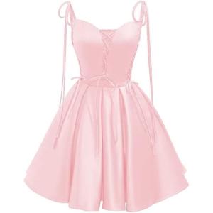 imageVintage Gothic Dresses Satin Homecoming Dress Short Prom Dress for Teens Spaghetti Straps Cocktail GownsPink