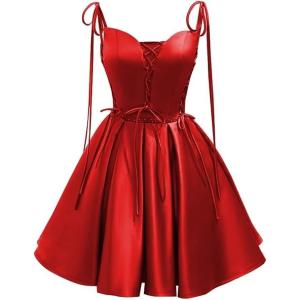 imageVintage Gothic Dresses Satin Homecoming Dress Short Prom Dress for Teens Spaghetti Straps Cocktail GownsRed