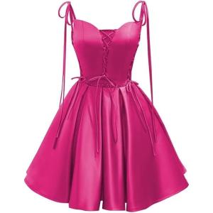 imageVintage Gothic Dresses Satin Homecoming Dress Short Prom Dress for Teens Spaghetti Straps Cocktail GownsRose Red