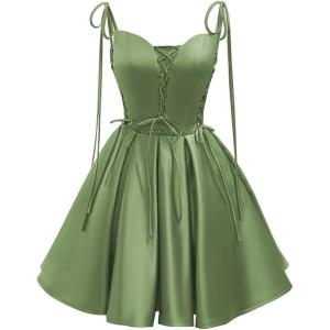 imageVintage Gothic Dresses Satin Homecoming Dress Short Prom Dress for Teens Spaghetti Straps Cocktail GownsSage Green