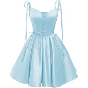 imageVintage Gothic Dresses Satin Homecoming Dress Short Prom Dress for Teens Spaghetti Straps Cocktail GownsSky Blue