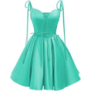 imageVintage Gothic Dresses Satin Homecoming Dress Short Prom Dress for Teens Spaghetti Straps Cocktail GownsTurquoise