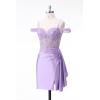 imageOff Shoulder Satin Homecoming Dresses Mermaid Lace Short Porm Dress Tight Beaded Cocktail DressAqua