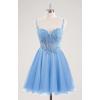 imageTulle Homecoming Dresses 2025 Spaghetti Straps Short Prom Dresses Lace Applique Beaded Formal Cocktail GownsTurquoise