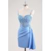 imageV Neck Satin Homecoming Dresses for Teens Lace Short Porm Dress Mermaid Pleated Bodycon Cocktail DressPeacock