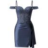 imageOff Shoulder Satin Homecoming Dresses Mermaid Lace Short Porm Dress Tight Beaded Cocktail DressNavy Blue