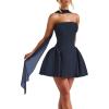 imageSatin Homecoming Dresses for Teens with Scarf Strapless Prom Dresses Short Halter Mini Cocktail DressStormy Blue
