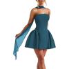 imageSatin Homecoming Dresses for Teens with Scarf Strapless Prom Dresses Short Halter Mini Cocktail DressTeal