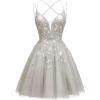 imageTulle Homecoming Dresses for Teens Sparkly Short Prom Dresses Spaghetti Strap Plus Size Formal DressSilver
