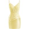 imageV Neck Satin Homecoming Dresses for Teens 2025 Spaghetti Straps Beaded Short Prom Dresses Tight Cocktail Party DressYellow