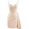 imageV Neck Satin Homecoming Dresses for Teens Lace Short Porm Dress Mermaid Pleated Bodycon Cocktail DressChampagne
