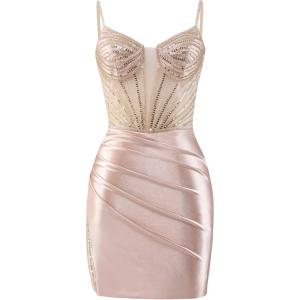 imageBeaded Homecoming Dresses for Teens Satin Mermaid Prom Dresses Short Pleated Formal DressChampagne Gold