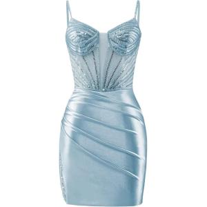 imageBeaded Homecoming Dresses for Teens Satin Mermaid Prom Dresses Short Pleated Formal DressDusty Blue