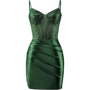 imageBeaded Homecoming Dresses for Teens Satin Mermaid Prom Dresses Short Pleated Formal DressEmerald Green