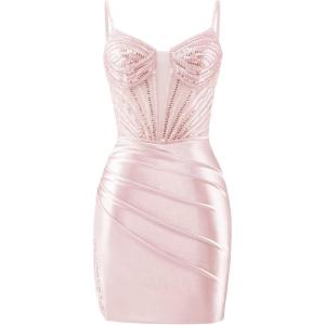 imageBeaded Homecoming Dresses for Teens Satin Mermaid Prom Dresses Short Pleated Formal DressPink