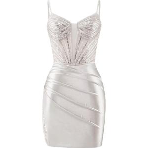 imageBeaded Homecoming Dresses for Teens Satin Mermaid Prom Dresses Short Pleated Formal DressSilver
